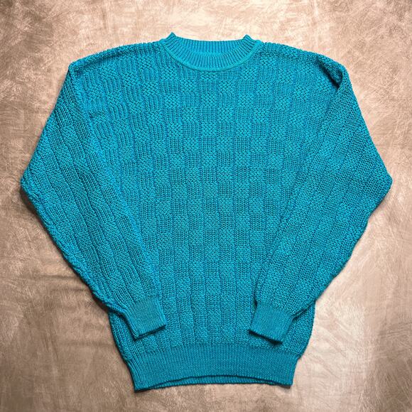 Vintage 90s Apparatus Checkered Textured Knit Sweater Blue Teal Geometric Retro - Picture 1 of 5